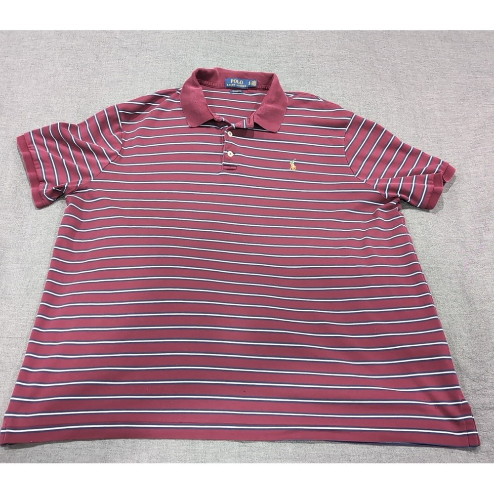 Polo Ralph Lauren Shirt Men XL Red Blue Striped Short Sleeve Stretch Flesh Pony